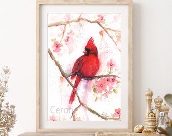 MALE CARDINAL Watercolor, Abstract Bird Art, Birdwatcher Gift, Cardinal Painting, Printed and Shipped, Print or Canvas - by Debbie Cerone