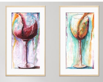 Set Of 2 Wine Prints, Long Wall Decor, Bar Art, Wine Gift For Wine Lover, Watercolor Prints, Abstract Wine Wall Decor, Red Wine, White Wine
