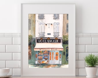 Personalized Paris Print, Parisian Bakery Art Print, Blue Kitchen Art, Boulangerie Giclée Watercolor Painting, France Wall Art, Large 24x36