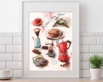 Mothers Day Gift, Personalized Coffee Lover Print, Italian Coffee Poster, Coffee Bar Sign, Red Kitchen Decor, Italian Kitchen Wall Art