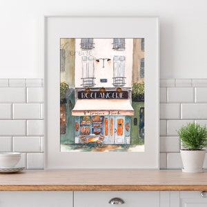 Personalized Paris Print, Parisian Bakery Art Print, Blue Kitchen Art, Boulangerie Giclée Watercolor Painting, France Wall Art, Large 24x36