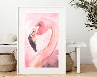 FLAMINGO Watercolor Bird Art, Large PRINT Or CANVAS, Personalized Gift, Abstract Pink Flamingo Painting, Bird Lover Gift, Printed & Shipped