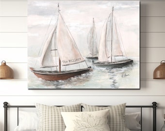 Large Sailboat Canvas, Personalized Nautical Wall Art For Boys Room, Soft Antique Coastal Art, Vintage Ship Canvas, Farmhouse Dining Room