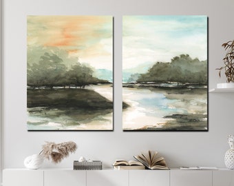 Modern Farmhouse Decor, Set Of 2 Canvases, Landscape Watercolor Print, Minimal Abstract Nature Painting, French Country, Sunset Sunrise