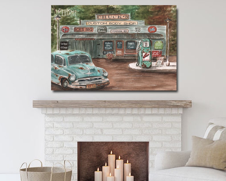 Custom Personalized Birthday Gift For Him, Unique Great Dad Gift, Classic Car Lover Print, Antique Gas Station Garage, Unframed 8x10 24x36 image 6