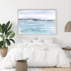Moderne kustmuurkunst, abstracte strandprint, blauwe oceaan, groot horizontaal zeegezichtlandschap, kalmerende kunst voor slaapkamer - PRINT OF CANVAS