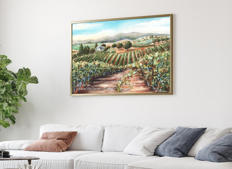May include: A watercolor painting of a vineyard with a white farmhouse in the distance. The painting features a path leading through the rows of grapevines, with lush green foliage and a blue sky in the background.