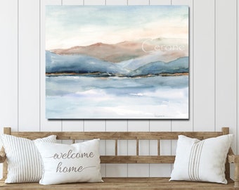 Large Blue Water Color Ocean Painting On Canvas, Abstract Watercolor Horizontal Wall Art, Minimal Modern Sea Coastal Beach & Mountain,24x36