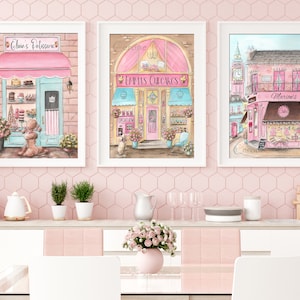 Personalized Bakery Wall Art, Set Of 3 Baking Poster Prints, Unique Gift For Baker, Blush Pink Kitchen Decor, Paris Patisserie, London Cakes