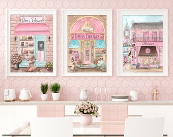 Personalized Bakery Wall Art, Set Of 3 Baking Poster Prints, Unique Gift For Baker, Blush Pink Kitchen Decor, Paris Patisserie, London Cakes