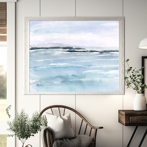 Abstract Ocean Wall Art, Watercolor Landscape Painting, Sea Water, Large Horizontal Water Color Print, Blue And White Modern Farmhouse Decor