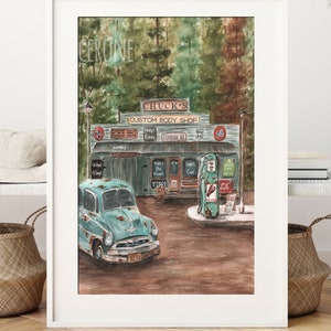 Custom Personalized Birthday Gift For Him, Unique Great Dad Gift, Classic Car Lover Print, Antique Gas Station Garage, Unframed 8x10 24x36 image 8