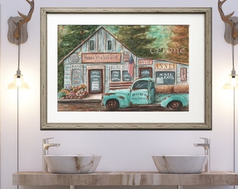 Personalized Farmhouse Bathroom Art Print: Rustic Teal Truck Decor