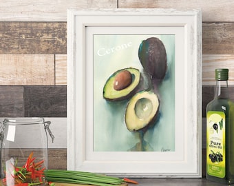 Kitchen Wall Art Avocado Decor, Watercolor Avocado Art Print, Modern Kitchen Art, Kitchen Print Blue Green, 3 Sizes - 8x10 to 24x36 Poster