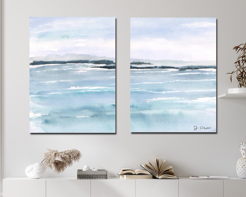 Blue Abstract Ocean Canvas Wall Art, Set of 2 Long Narrow Vertical ...