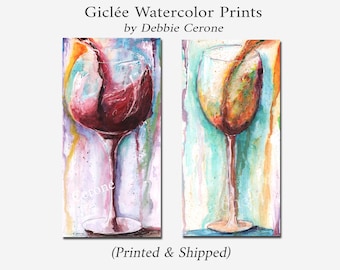 Wine Glass Watercolor Giclée Art Prints, Bar Decor, Set of 2