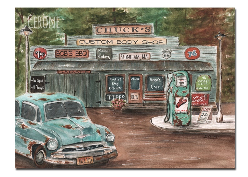 Custom Personalized Birthday Gift For Him, Unique Great Dad Gift, Classic Car Lover Print, Antique Gas Station Garage, Unframed 8x10 24x36 image 2