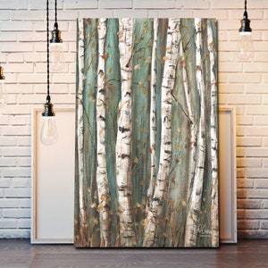 Birch Tree Canvas Wall Art, Modern Farmhouse Decor, Abstract Painting, Aspen Forest Watercolor, Brown, Blue, Long Vertical or Horizontal