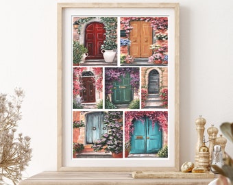 Old Door Print, Italy Travel Poster, Kitchen Wall Art, Italian Gift, Antique Door Painting, Colorful Floral Print, Vintage Door Decor Europe
