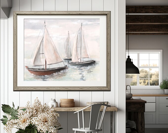 Sailboat Watercolor Print, Farmhouse Coastal Decor For Living Room, Large Nautical Wall Art,  Personalized Sailing Gift, Lake House Bedroom