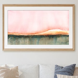 Sunrise Watercolor Painting, Contemporary Landscape In Pink And Green, Minimal Abstract Wall Art, Large Art Print - Also Available ON CANVAS