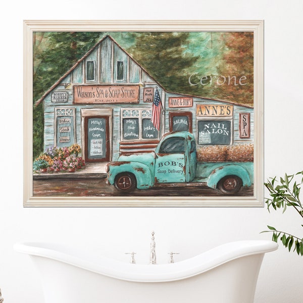 Farmhouse Bathroom Wall Decor, Personalized Print, Spa Decor, Vintage Teal Truck, Rustic Country Bathroom, Farmhouse Kitchen Home Decor