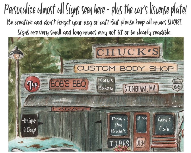 Custom Personalized Birthday Gift For Him, Unique Great Dad Gift, Classic Car Lover Print, Antique Gas Station Garage, Unframed 8x10 24x36 image 4