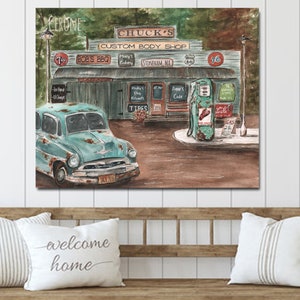 Vintage Car Painting, Unique Personalized Name Garage Gift For Him, Old Garage Signs, Retro Gas Station, Antique Classic Rusty Car Picture image 3