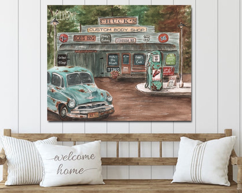 Vintage Car Painting, Unique Personalized Name Garage Gift For Him, Old Garage Signs, Retro Gas Station, Antique Classic Rusty Car Picture image 3