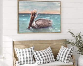 Pelican Watercolor Painting, Modern Nature Print, Abstract Tropical Bird PRINT or CANVAS, Nautical Coastal Decor, Birds By The Beach Art