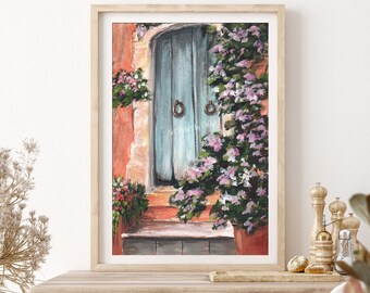 Rustic Blue Door Wall Art, Colorful Pink Flower Print, Tuscan Decor, Italian Kitchen Wall Art, Cute Gift For Friend, Mediterranean Doors