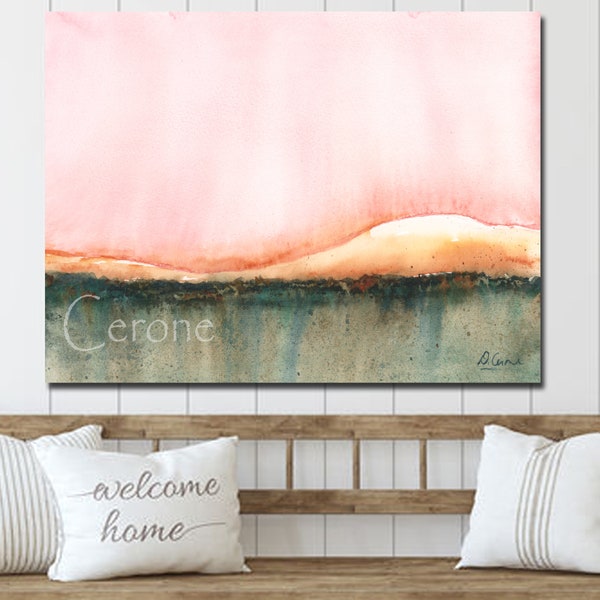 Large Abstract Canvas Wall Art, Minimal Landscape Painting, Modern Watercolor Sunrise Canvas, Pink And Green Contemporary Art, Horizontal