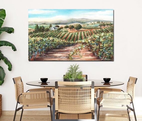 Wine Bar Art, Italian Landscape Painting, Tuscany Art Print, Italy Canvas Wall Art, Tuscan Decor, Vineyard Painting, Napa Valley Countryside