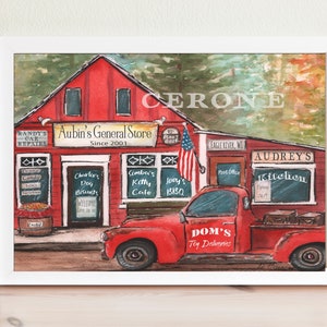 Stampa personalizzata Red Farmhouse, vecchia arte murale di camion rosso, regalo di compleanno personalizzato unico per lui, camion rosso d'epoca, arredamento per la casa in stile country