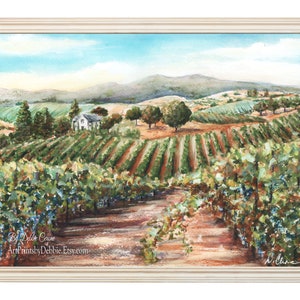 May include: Watercolor painting of a vineyard with rows of grapevines, a small white house, and distant mountains. The painting has a blue sky with white clouds and a path leading through the vineyard.