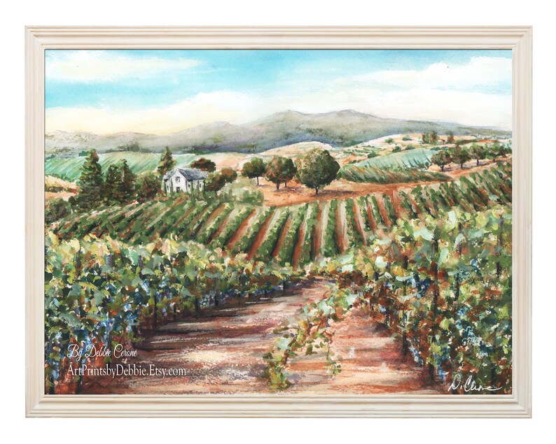 May include: Watercolor painting of a vineyard with rows of grapevines, a small white house, and distant mountains. The painting has a blue sky with white clouds and a path leading through the vineyard.