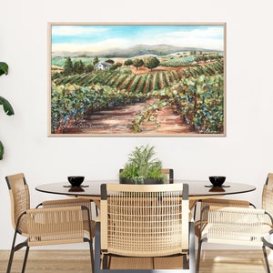 May include: A watercolor painting of a vineyard with rows of grapevines, a small white house, and a dirt path leading through the vineyard. The painting has a blue sky with white clouds and green hills in the background. The text "Debbie Eaton Artist" is in the bottom left corner of the painting.