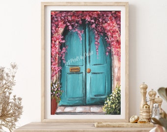 Teal Blue Door Wall Art, Colorful Bougainvillea Flower Print, Tuscan Decor, Italian Kitchen Print, Cute Gift For Friend, Mediterranean Doors