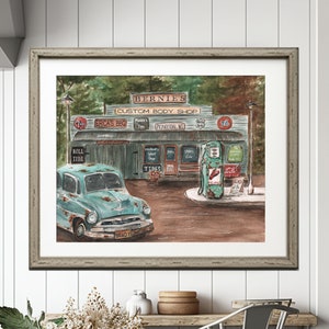 Dipinto di auto d'epoca, regalo unico personalizzato per lui, vecchi cartelli da garage, stazione di servizio retrò, quadro di auto arrugginita classica antica