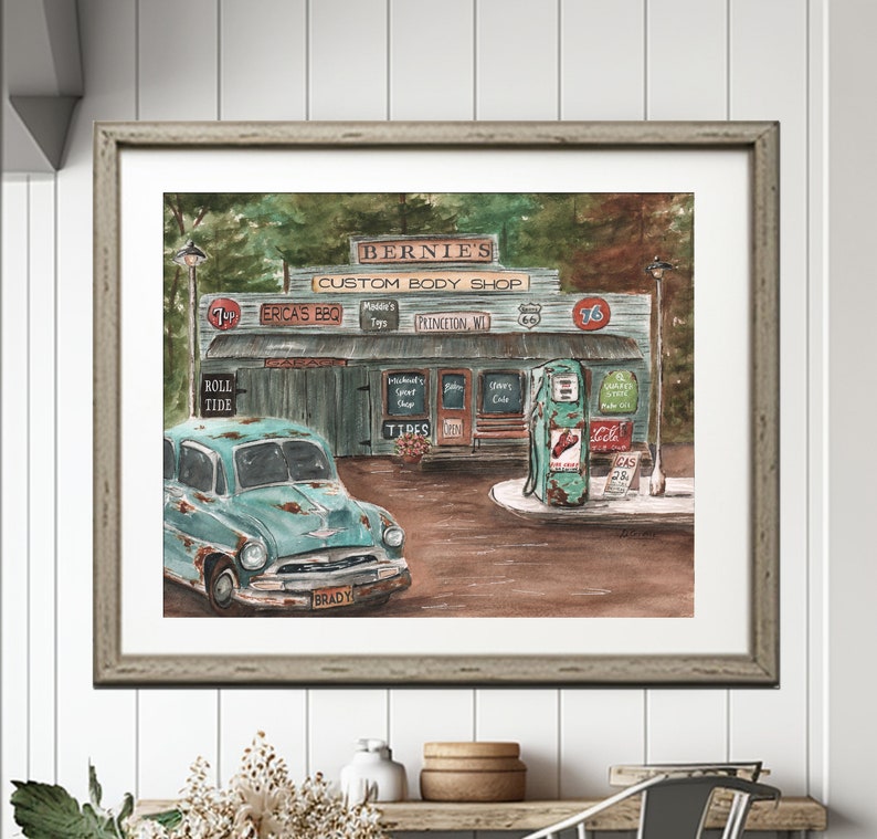 Vintage Car Painting, Unique Personalized Name Garage Gift For Him, Old Garage Signs, Retro Gas Station, Antique Classic Rusty Car Picture image 1