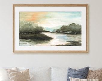 Landscape Watercolor Print, Farmhouse Decor, Abstract, Nature Green Trees, Blue River, Minimal Horizontal Painting For Over Bed Or Fireplace