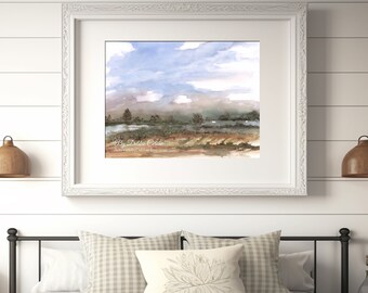 Country Landscape Painting, Modern Farmhouse Wall Art Living Room, Farmland Print, Minimal Abstract Watercolor Dining Room, French Country