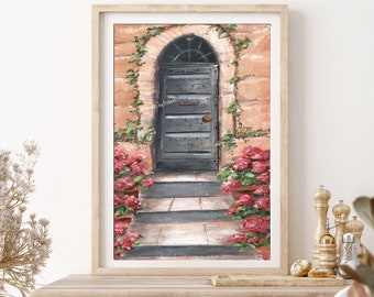 Vintage Tuscan Door Print Colorful Red Flower Wall Art, Gray And Red Home Decor, Doors & Flowers Of Italy, Cute Housewarming Gift For Friend