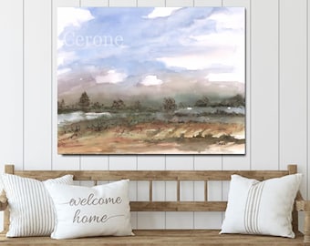 Abstract Landscape Painting, Large Horizontal Watercolor Canvas Wall Art, Minimalist Living Room Wall Decor, Modern Farmhouse, Neutral Art
