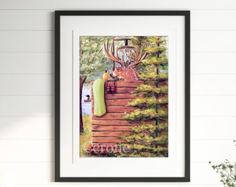 Deer Painting, Funny Bathroom Wall Art His And Hers Bathroom, Rustic Cabin Decor, Mountain House Decor, Lake House Bathroom, Deer Gift