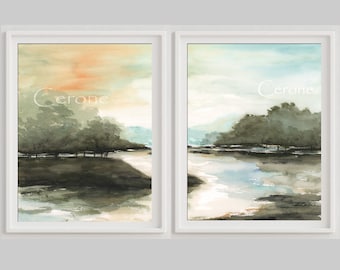 Paisagem abstrata em aquarela, conjunto de 2 impressões verticais, arte de parede verde-azulada, árvores e rio ao nascer do sol, pinturas grandes, decoração de casa de fazenda