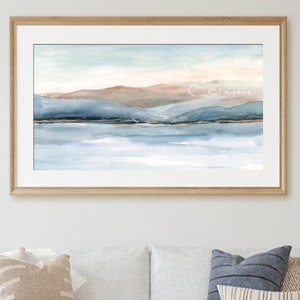 Large Blue Abstract Watercolor Print, Horizontal 24x36 Wall Art, Modern Coastal Sea Beach Painting, Water Color Warm Blue Gray Tan Art Print