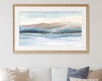 Large Blue Abstract Watercolor Print, Horizontal 24x36 Wall Art, Modern Coastal Sea Beach Painting, Water Color Warm Blue Gray Tan Art Print