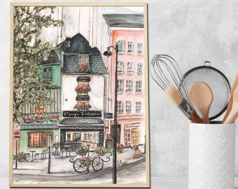 Aquarelle de pâtisserie française, cadeau pâtissier personnalisé, jet d'encre original de Paris, art mural pâtisserie Odette, impression mignonne pour la cuisine