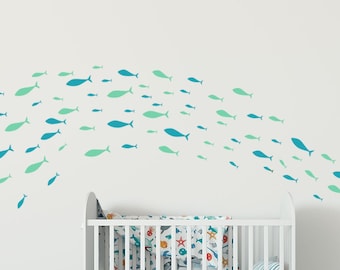 Fish Vinyl Wall Decals, Shoaling Schooling Nursery, Swimming Nature Pattern, Nautical Beach Stickers, Scandinavian, Girls Boys Room